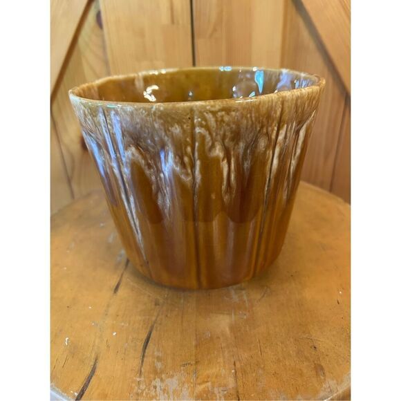 Rare Planter Pot Mid century Retro Vintage Chalkware Ceramic Brown Yellow (8880) - Picture 2 of 8